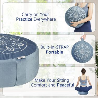 Традиційне медитаційне подушечка Hihealer з додатковим оксамитовим чохлом – великий тибетський Zafu, наповнений лушпинням гречанки, для йоги та медитації (синій & рожевий)