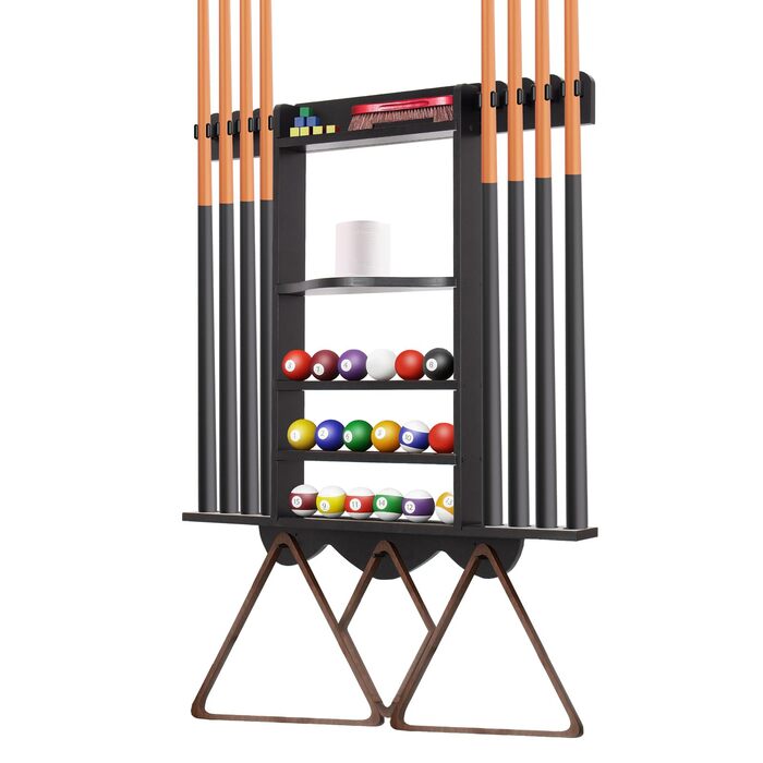 Стійка для більярду Leogreen на 8 київ, 18 куль, 3 підставки для куль, рулон паперу, полиці з соснового дерева з відділенням для аксесуарів, для більярдних кімнат, барів та клубів