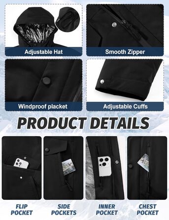 Зимова куртка для чоловіків, водонепроникна, для катання на лижах та сноуборді, тепла, з капюшоном та компасом (Синій, M), Чорний L