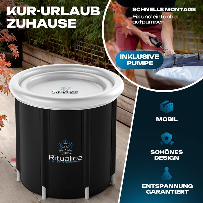 Ritualice® Преміум Ванна для льоду (80 см Ø) XL Комплект - Переможець тесту - Комплект льодової бочки з кришкою, тканиною та XL сумкою - Ідеальна ванна для льоду для криотерапії та відновлення - Ізольована льодова бочка з 5-шаровою ізоляцією, біла з XL су