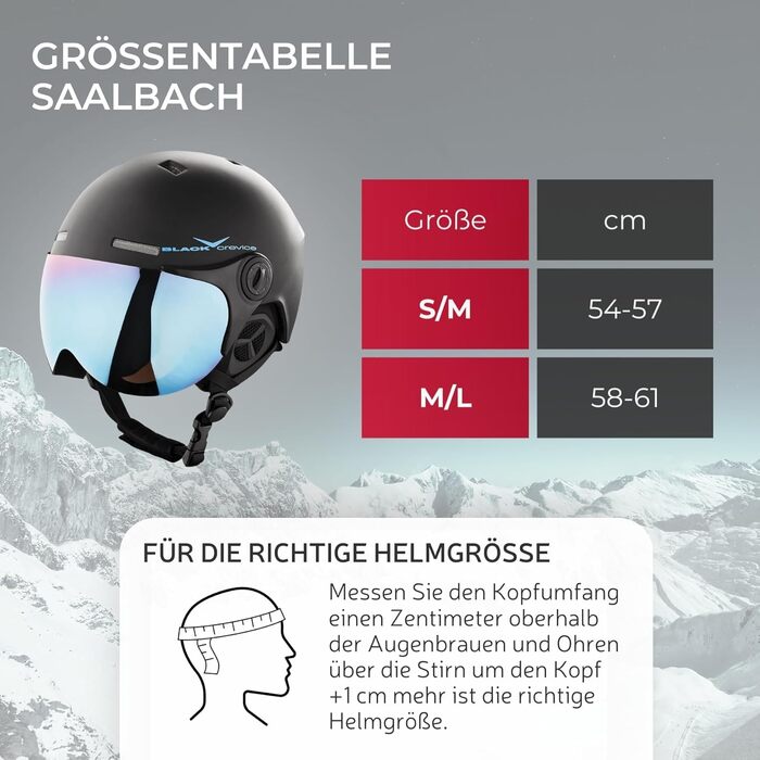 Шолом гірськолижний BLACK CREVICE Saalbach з візором (пілотський стиль) | Чоловічий та жіночий | Унісекс | Розміри 54-57 см | Чорний/Білий, Чорний/Блакитний