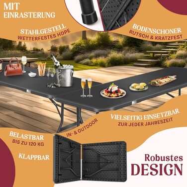 Стіл KESSER® розкладний буфетний для кемпінгу, саду та відпочинку 183x76 см, на 6 осіб з чохлом та ручкою, антрацит/чорний