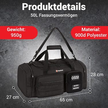 Спортивна сумка для бойових мистецтв 50L чорна для дзюдо, джиу-джитсу, карате з окремими відділеннями та відділенням для взуття