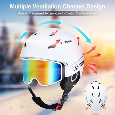 Шолом для сноуборду та лиж TOSHOO з візором та навушниками, вентиляційні отвори, міцний, теплий та дихаючий, для чоловіків (білий з маскою, L)