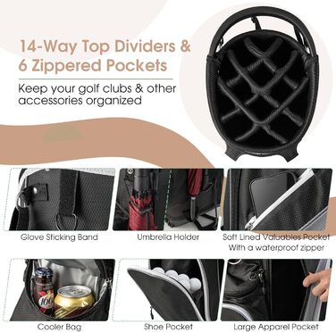 Сумка для гольфу LIFEZEAL зі стійкою, 14 відділень, легка, з подвійними ручками, 6 кишень на блискавці, дощовик, сіра, для чоловіків та жінок