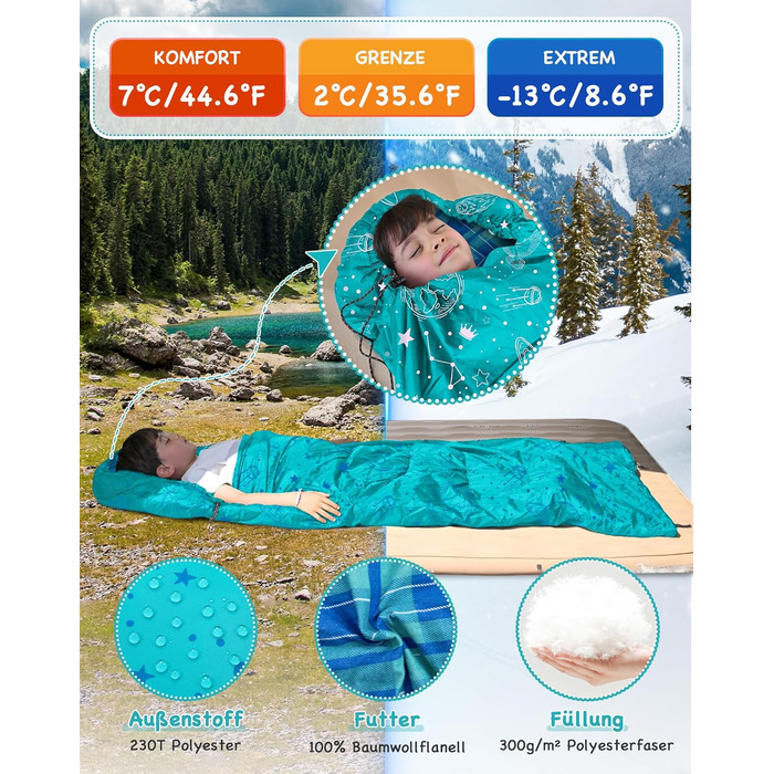 Сплячий мішок KingCamp для дітей, фланелевий, легкий, водонепроникний, компактний, зимовий, 4 сезони, для кемпінгу, підходить для дітей до 140 см, комфортна температура: 7°C, регульована довжина
