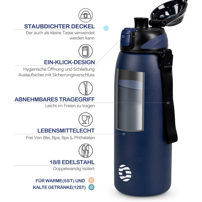 Термобутилька FJbottle з нержавіючої сталі 800 мл, герметична спортивна пляшка для води, школи та фітнесу, BPA-free, темно-синя