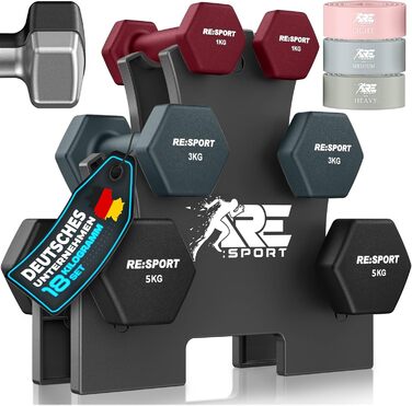 Набір гантелей Hantel-Set: 1 кг - 5 кг, 12 кг або 18 кг зі стійкою та 3 еластичні стрічки. Нековзкі неопренові гантелі для жінок та чоловіків. Кольори: пурпурний, туманно-сірий, чорний (18 кг)