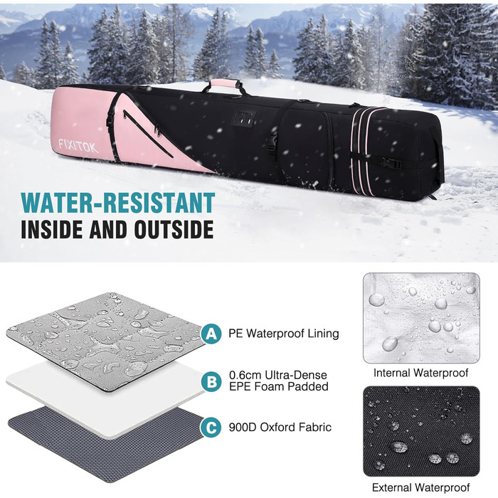 Водонепроникний сноубордистський мішок для перевезення в літаку, повний захист для сноуборду, черевиків, одягу, шолому та спорядження, регульована довжина (157-181 см), рожевий колір