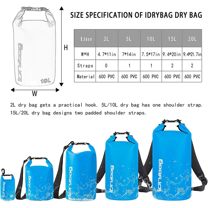 Водонепроникний мішок IDRYBAG 10L: для каякінгу, сплаву, подорожей та активного відпочинку (Hellblau)