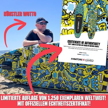Надувне SUP-борд MATCHU Limited Edition з сертифікатом та комплектом - 320x81x15 см, до 150 кг, Art Collection Wotto Collection