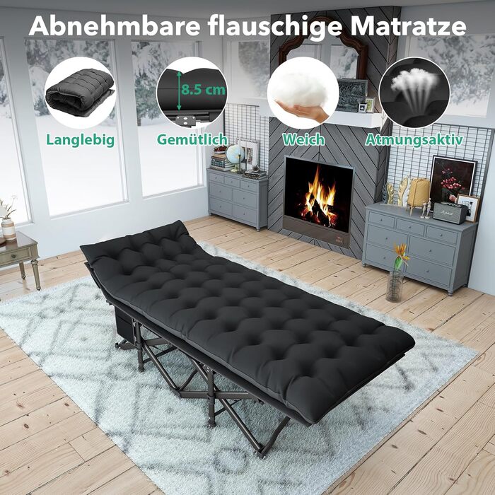 Розкладне ліжко-тахта для кемпінгу з матрацом, сталеве, чорне, 190x71x35 см