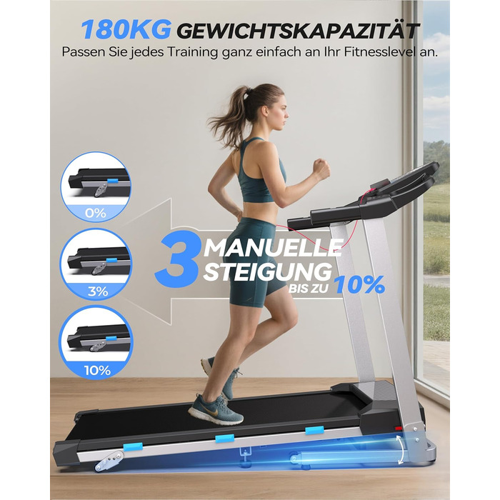 Бігова доріжка для дому складана 12 км/год з 12 програмами HIIT, двигун 3.5 к.с., регульований нахил, LED-дисплей, Bluetooth, додаток, до 180 кг, сріблясто-чорна