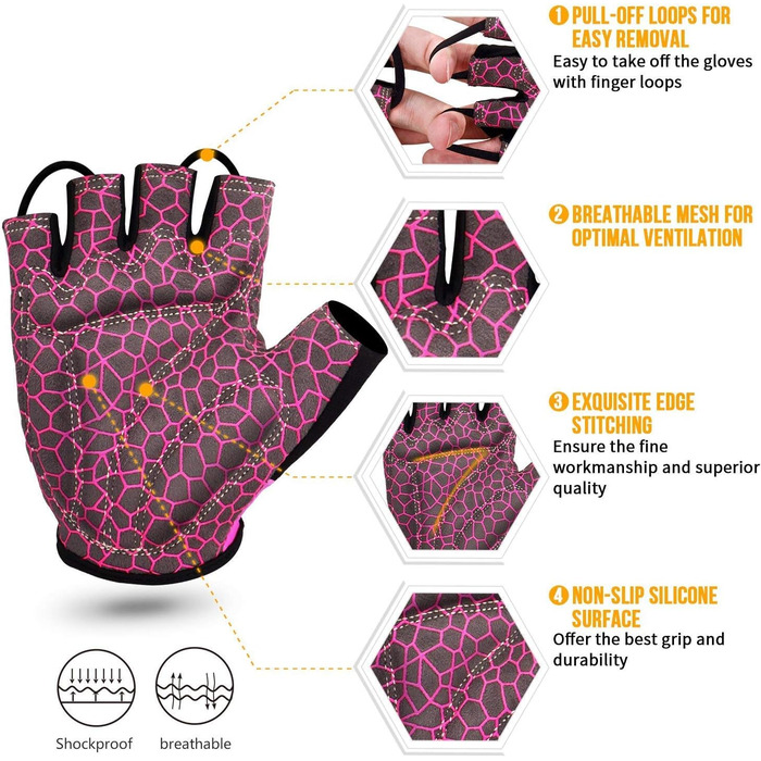 Рукавички для велосипеда, велоспорт, гірський велосипед, антиковзаючі, амортизуючі, сигнальний колір, унісекс, чоловічі, жіночі, рожевий S