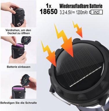 Сонячна кемпінгова лампа EXTRASTAR: LED ліхтар 5W, 2-в-1 (ліхтар + ліхтар для намету), USB/Сонячна/Акумуляторна, водонепроникна, для відпочинку на природі, риболовлі, кемпінгу та походів