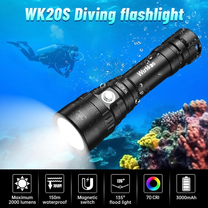 Wurkkos 2000 Lumen Тачка-ліхтар для дайвінгу до 150м, водонепроникна (IPX8) з LED SST40, зарядний пристрій в комплекті
