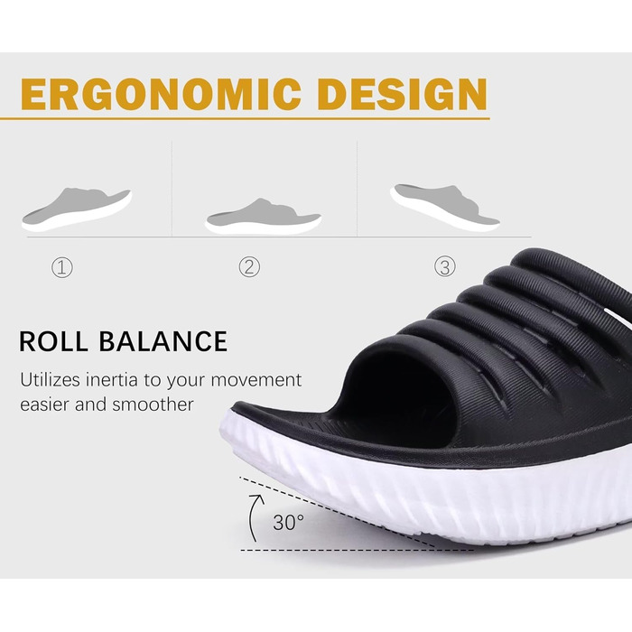 Ортопедичні відновлювальні сандалії KuaiLu для жінок, легкі спортивні шльопанці при плантарному фасциїті, розвантаження суглобів та спини, розмір 43 EU, чорно-білі