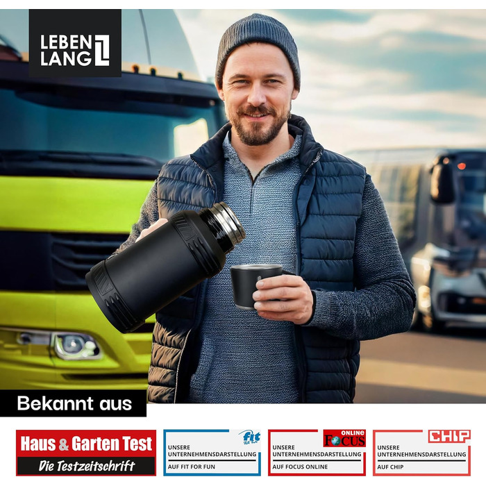 Термос LEBENLANG 2,5 л з чашкою, ситом та ремінцем - 24 год тепла. Нержавіюча сталь, ізольована термофляга, 2500 мл
