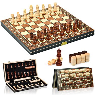 Дерев'яний магнітний набір для шахів 2 в 1 Aissom, складаний дорожній шаховий набір з місцем для зберігання фігур, для дітей та дорослих (39x39 см)