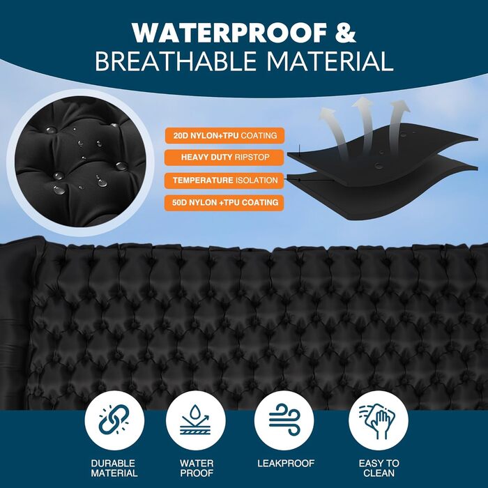 Односпальний килимок для кемпінгу Voyager Ultraleicht: легкий, самонадувний, з сумкою (чорний)