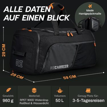 Спортивна сумка [з переробленого PET] 50L – сумка для тренувань та рюкзак 2в1 – водонепроникна спортивна сумка для чоловіків та жінок – спортивний рюкзак з відділенням для взуття, велика туристична сумка (Obsidian Ember Black)