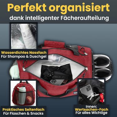 Спортивна сумка Heldenwerk® для жінок та чоловіків, 58 x 31 x 31 см, 50 л. З відділенням для взуття та мокрих речей. Ідеальна для подорожей, спортзалу та тренувань.