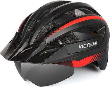 Велосипедний шолом VICTGOAL MTB з магнітним візором, знімним козирком і LED підсвіткою, для чоловіків і жінок, чорний/червоний, XL (59-63 см)