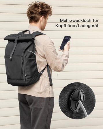 Рюкзак Inateck RollTop 25-30 л з відділенням для взуття, для ноутбука 17'' для чоловіків і жінок, чорний