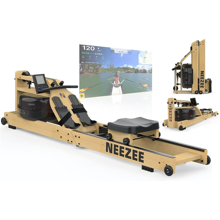 Гребний тренажер Neezee для дому, складаний, з масиву дерева, Bluetooth, тримач для планшета, до 200 кг, сумісний з Kinomap, колір дерева