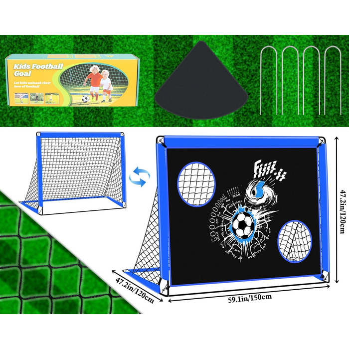 Дитячі ворота для футболу, 2-в-1 Pop-Up ворота, розкладні для саду, з сумкою та 4 кілочками (150x120 см, блакитні)