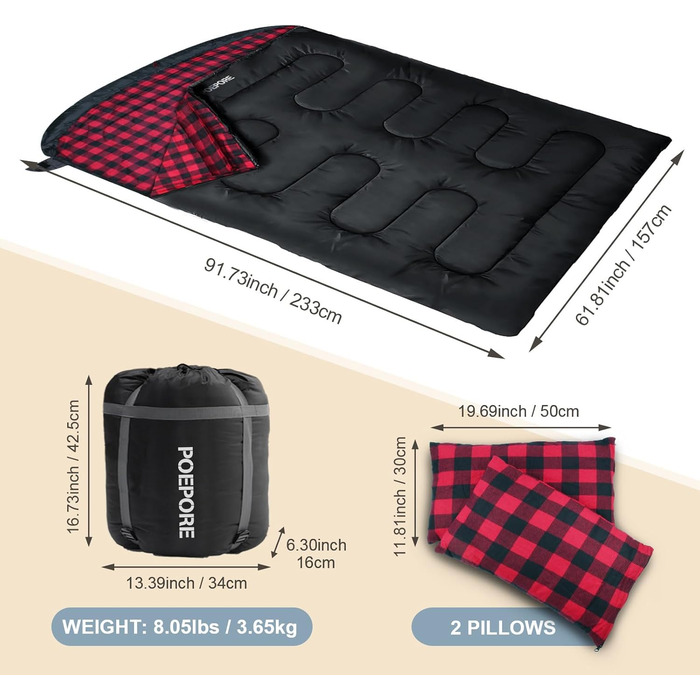 Спальний мішок для двох дорослих з флісу, зимовий, з подушками та сумкою для перенесення, 233*157 см, червоний