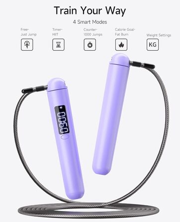 Розумна скакалка ACHDOFITS з LED-дисплеєм: підрахунок калорій, стрибків та часу, регульований сталевий трос для фітнесу та тренувань, унісекс (Фіолетова)