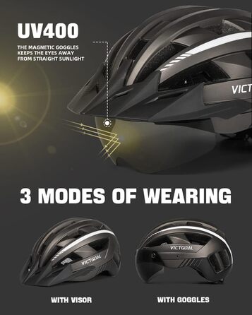 Велошолом VICTGOAL для MTB і шосе з магнітним візором, LED підсвіткою, сонцезахисним козирком, для дорослих, розмір XL (59-63 см)