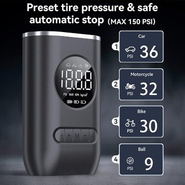Електричний насос WYRIAZA 10000 мАг, 150 PSI з цифровим манометром, LED-підсвіткою, 4 режимами, для авто, велосипедів, мотоциклів, м'ячів