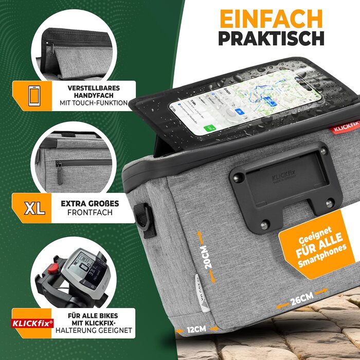 Велосипедна сумка на кермо MIVELO для KLICKfix, водовідштовхувальна, містка, з відділенням для телефону, підходить для електровелосипедів, сіра