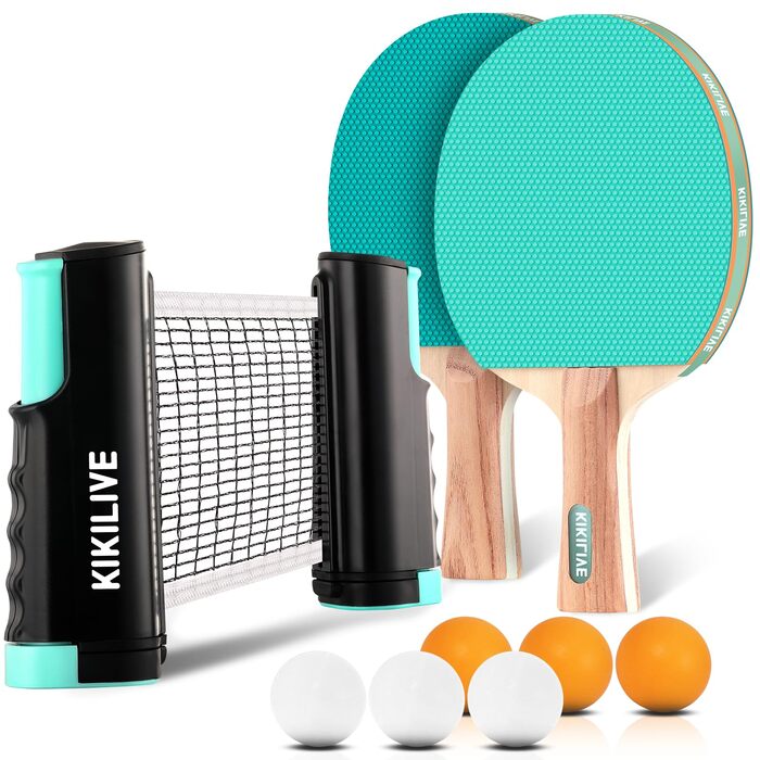 Набір для настільного тенісу для 2 гравців: 2 ракетки, сітка та 6 м'ячів - для гри в приміщенні та на вулиці, синьо-зелений