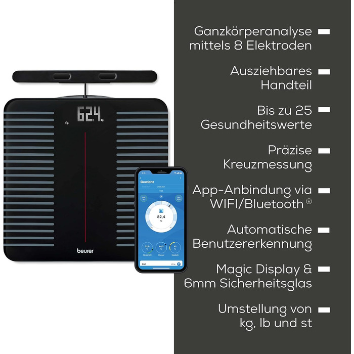 Ваги Beurer BF 450 з підключенням до програми через Bluetooth, аналіз складу тіла, цифрові ваги з 17 показниками (жир, м'язи, BMI), матова поверхня, 8 пам'яток, максимальне навантаження 180 кг, керування через додаток (аналіз складу тіла, сегментне вимірю