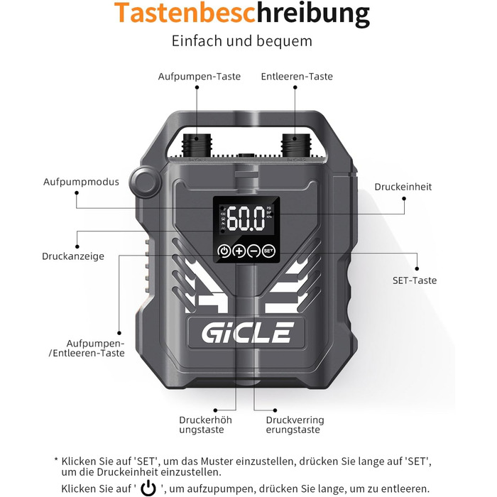 Електричний насос GICLE 60PSI для SUP, SUP-дошок, надувних човнів, велосипедів та наметів. Двоступеневий, швидка підкачка 12V