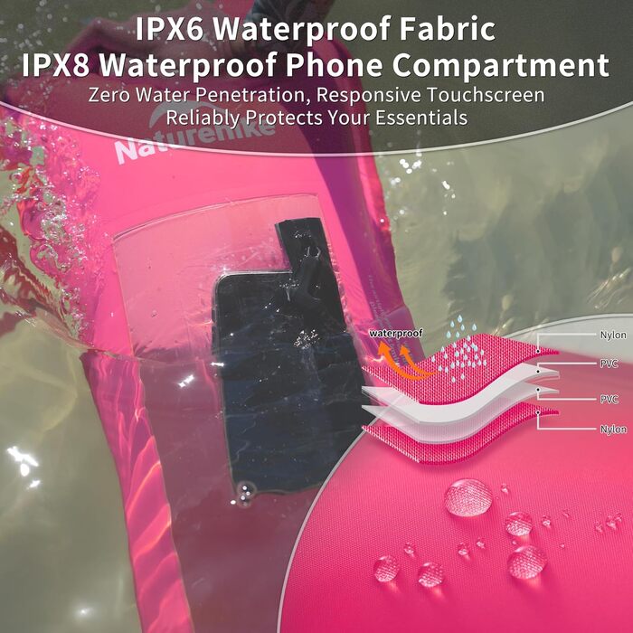 Надувна плавуча шина Naturehike 18L з двома повітряними камерами. Сумка-гідрочохол, водонепроникна пляжна сумка з регульованим поясом для плавання та відпочинку на узбережжі (Рожева/18л/Оновлена)