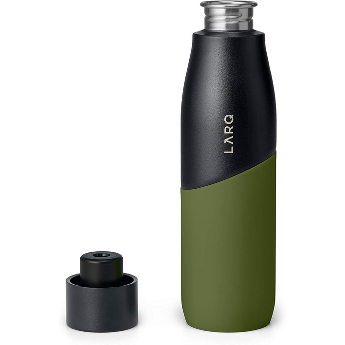 Пляшка LARQ Bottle Movement PureVis 710 мл – легка багаторазова нержавіюча пляшка для води з UV-очищенням, самостійним очищенням, для подорожей, чорна/зелена, гарантія 2 роки