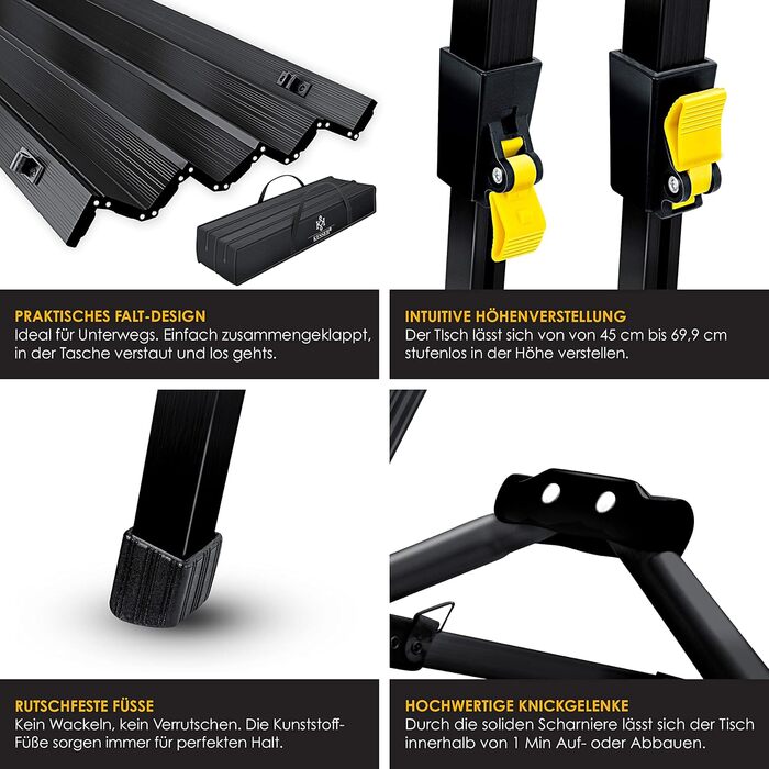 Кемпінговий стіл KESSER® розкладний, з алюмінієвим каркасом, регулювання висоти, 90x53 см, до 100 кг, чорний, з сумкою та сітчастою кишенею