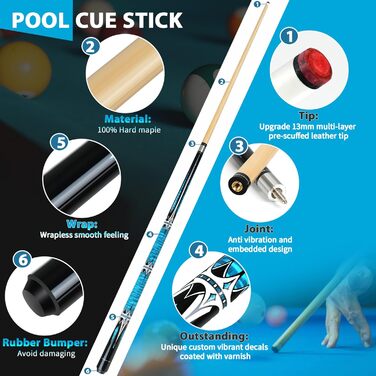 Професійний більярдний кий Bvrocio з кейсом, комплект: кий з акації, чохол, рукавички, вентилятор, крейда, 13 мм наконечник, 147.3 см, 540 г