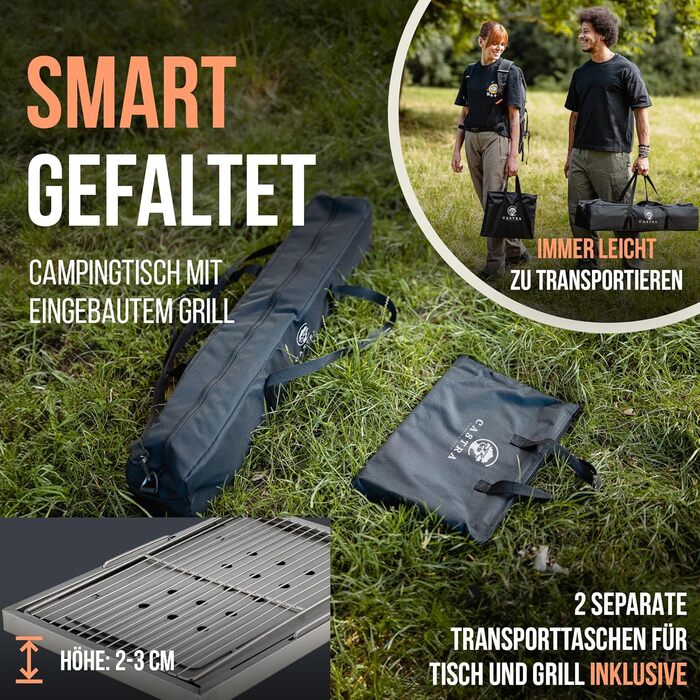 Преміум туристичний стіл Castra з інтегрованим грилем – алюміній 7075, регульована висота, для відпочинку на природі, вологостійкий, інноваційна складна система, багатофункціональний стіл та аксесуари для кемпінгу, саду, подорожей та риболовлі