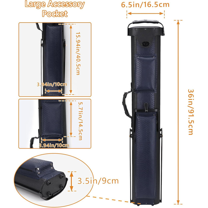 Чохол для бильярдних київ 2x4 з підставкою, чорно-синій. Для зберігання 2 київ та 4 насадок.