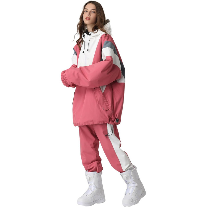 Сніговий комбінезон HOUZONIY для жінок та чоловіків. Теплий, водонепроникний, з капюшоном, для катання на лижах та сноуборді. Розмір S T63+Рожевий