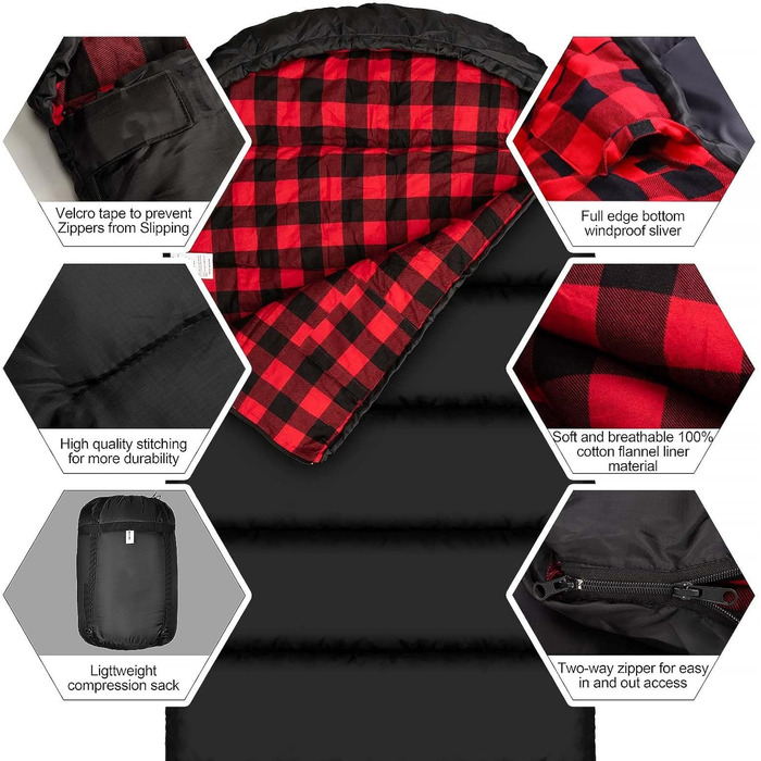 Спальний мішок Baumwoll-Flanell для дорослих, 100% бавовняний, для кемпінгу, піших прогулянок, подорожей з рюкзаком, легкий, 3-4 сезони (Чорний/Червоний, 2.8 кг)