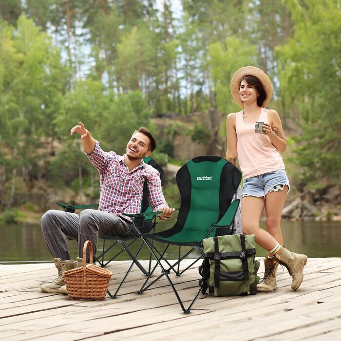 Зручний складаний стілець для кемпінгу Outtec, 130 кг, з високою спинкою, підсклянник, сумка, риболовний стілець, зелений