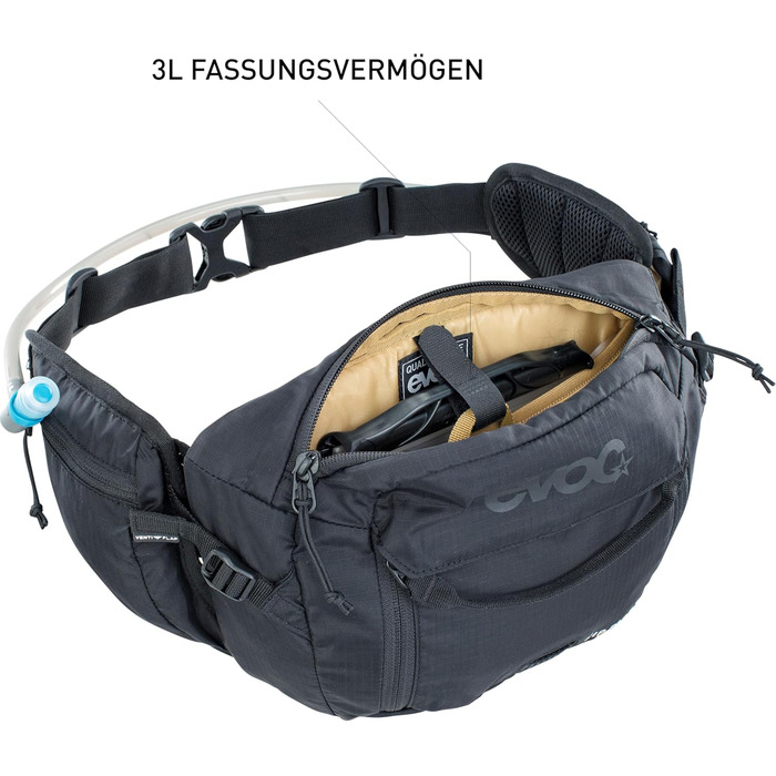 Поясний рюкзак EVOC HIP Pack 3л з гідросистемою, чорний (регульований пояс, Airflow Contact System, Venti Flap, 1,5л питна система)