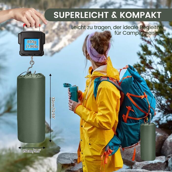 Каремат самонадувний туристичний Tuocal Isomatte, 9 см, Ultralight, з подушкою та насосом, Anti-Ripstop, для кемпінгу, подорожей, намету (Армійний зелений)