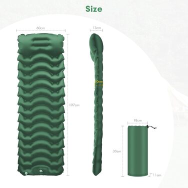 Надувний килимок Isomatte CIXMUS з самонадуванням, 10 см товщини, з насосом та подушкою, водонепроникний, для кемпінгу та відпочинку на природі, зелений